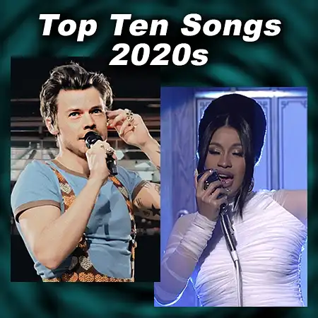 Singers Harry Styles and Cardi B singing into microphones